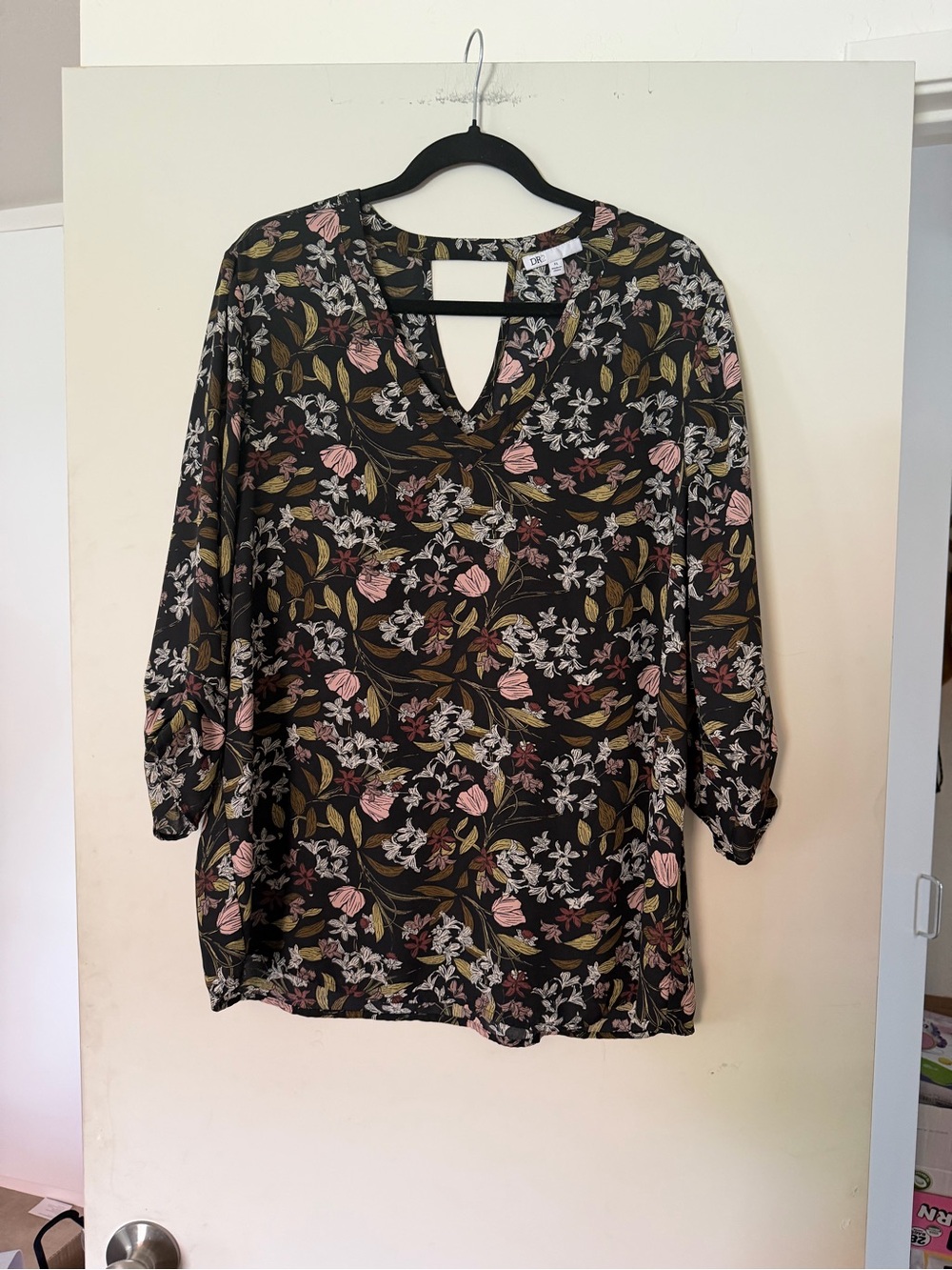 DR2 Black Floral V-Neck Blouse with Pink & Olive Accents